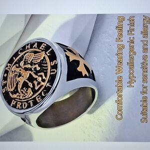 Stainless Steel St. Michael Ring - Black and Gold Size 11 Mens New In Box